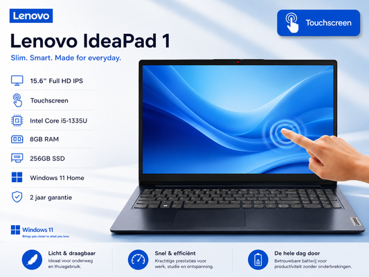 Lenovo IdeaPad 1 | 15.6'' Full HD IPS | Touchscreen | Intel Core i5-1335U | 8GB RAM | 256GB SSD | W11 Home | 2 jaar garantie